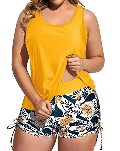 Loose Fit Plus Size 3 Piece Swimsuit With Sports Bra And Boy Shorts-Yellow Floral Plus-Size Bikini Set