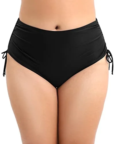 Women's Plus Size High Waist Swimsuit Bottom Side Ties-Black Ruched Swimwear Set