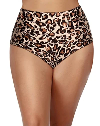 Flattering Plus Size Bikini Bottoms Retro Swim Shorts-Leopard Elegant Swim Dress