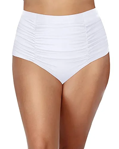 Flattering Shirred Tankini Bottoms High Waist For Women-White Mesh Detail Bikini