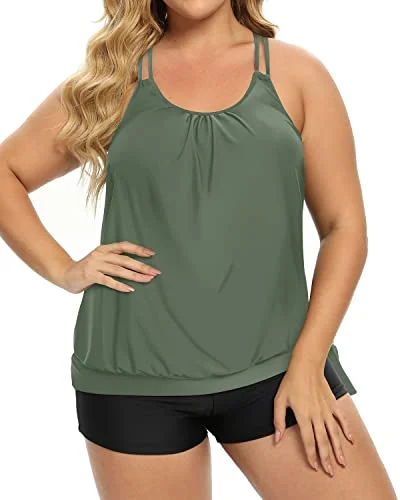 Blouson Tankini Top With Boy Shorts Plus Size Two Piece Swimsuit For Women-Olive Green Classic Monokini Design