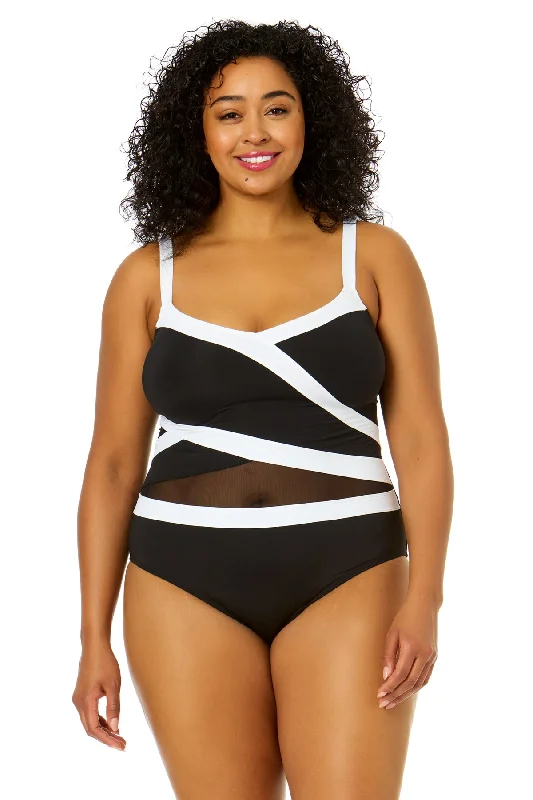 Women's Plus Size Mesh Around Mesh Insert One Piece Swimsuit Color-Block Bikini