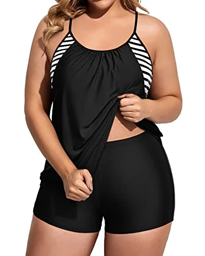 Women Plus Size Two Piece Tankini Set Swimsuits Tummy Control Bathing Suits-Black Stripe Crisscross Back Swimsuit