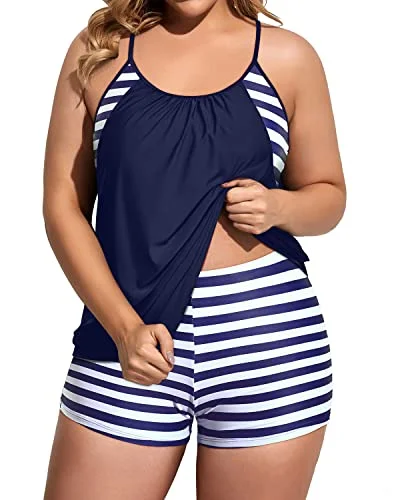 Deep Cut Tankini Set With Push Up Top And Boyshorts For Plus Size Women-Blue Stripe Sporty Swimwear Bottoms