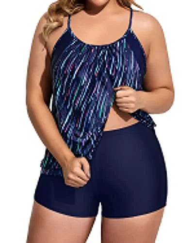 Women's Plus Size Two Piece Tankini Set Tummy Control Bathing Suits-Navy Blue Chic Beach Cover-Up