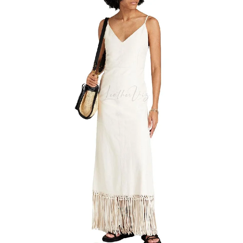 Women's Valentine's Day Fringed White Leather Maxi Dress Comfortable Maxi Dress with Sleeves