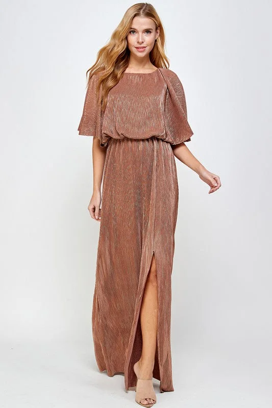 #: Worth The Wait Gold/Bronze Cape Style Maxi Dress Cozy Open-Back Maxi Dress