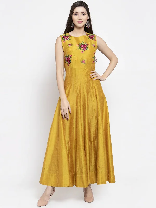 Women'S Yellow Floral Printed Maxi Dress Comfortable T-Shirt Maxi Dress