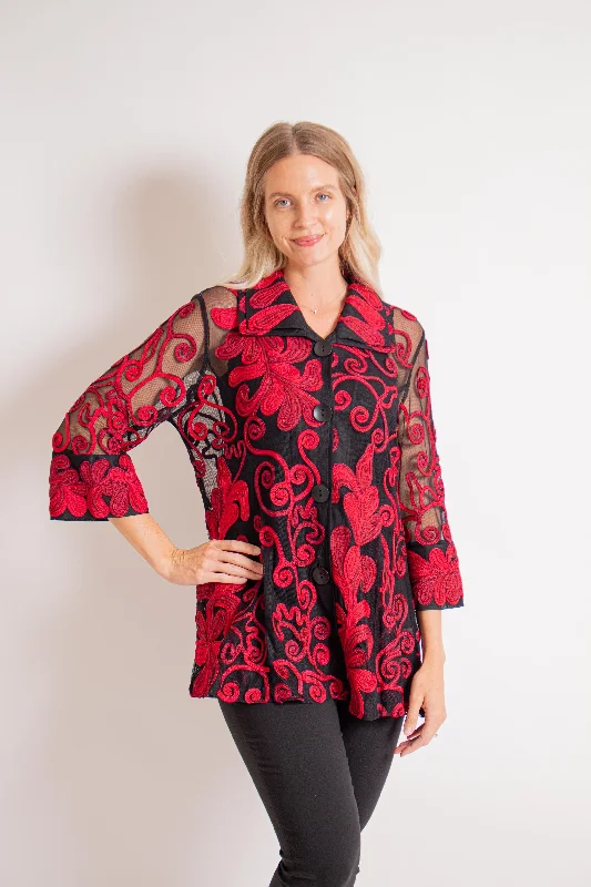 Ombre Vine Soutache Red Jacket Satin Jacket Silk Jacket Chiffon Jacket