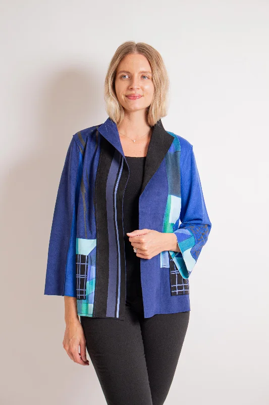 Blue Abstract Open Front Jacket V-Neck Jacket Boat Neck Jacket Square Neck Jacket