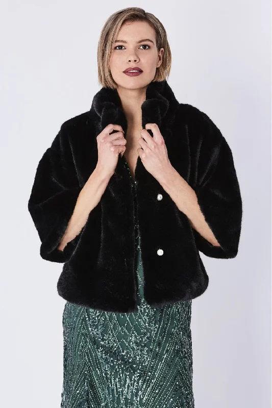 Black Faux Fur Jacket With Pearls Front Pockets Side Pockets Patch Pockets