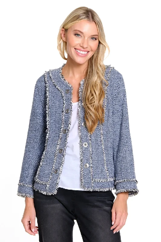 Blue/ White Front Button Jacket w/ Fringe Satin Jacket Silk Jacket Chiffon Jacket