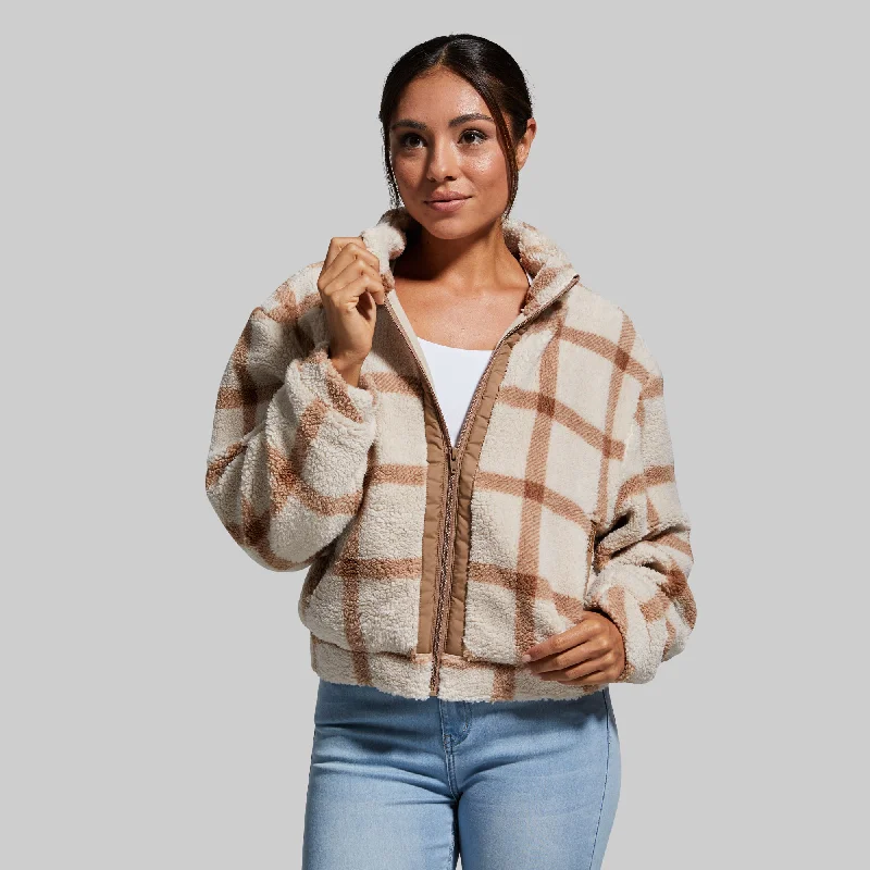 Women's Cropped Fleece Jacket (Macadamia) Ribbed Jacket Pleated Jacket Ruffled Jacket