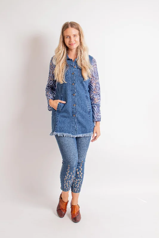 "Melissa" Denim Jacket w/ Texture Sleeves Chenille Fabric Brocade Fabric Lace Fabric